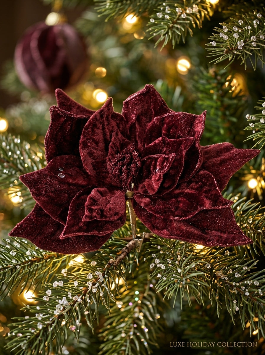 Burgundy Poinsettia Glitter Klipsli Yılbaşı Ağacı Süsü