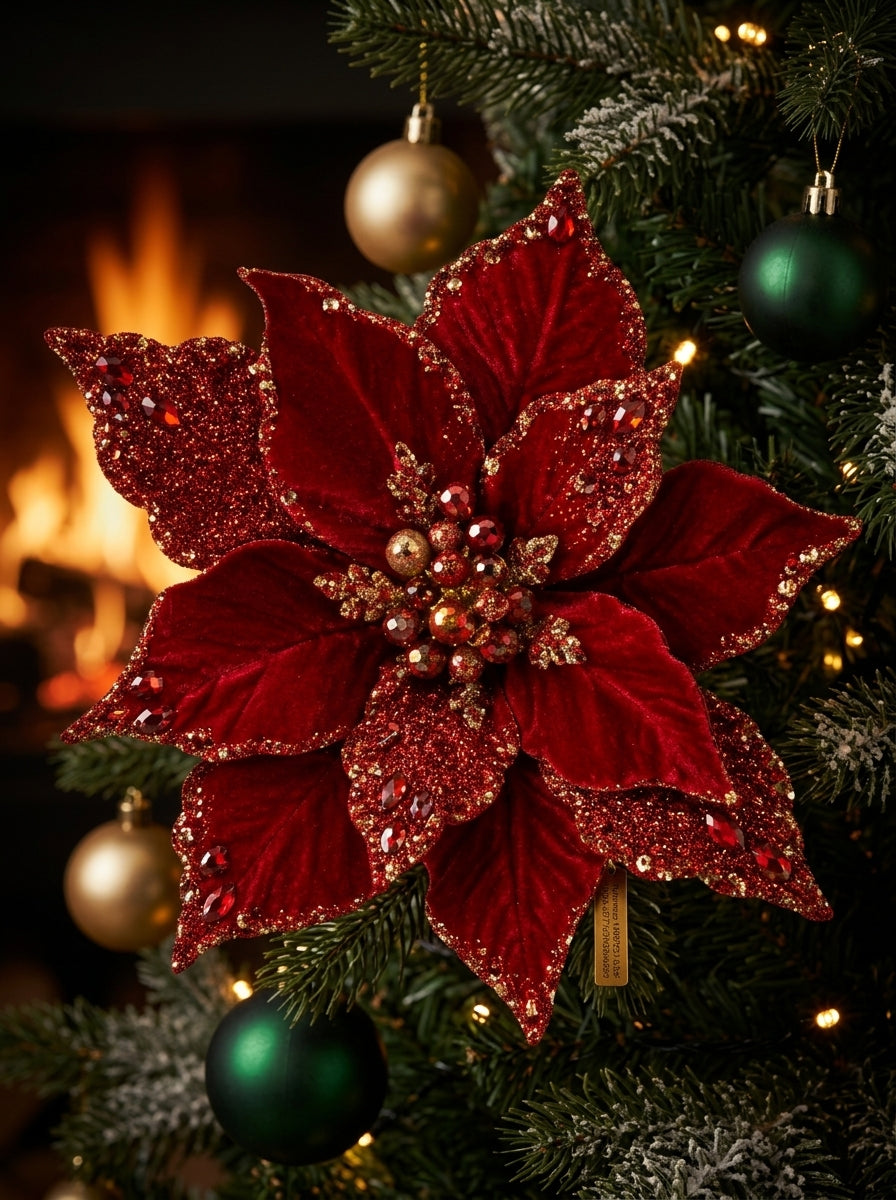 Ruby Crystal Poinsettia Klipsli Yılbaşı Çiçeği