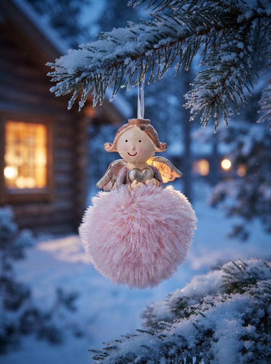 Angel Christmas Tree Ornament with Pink Pom-Poms