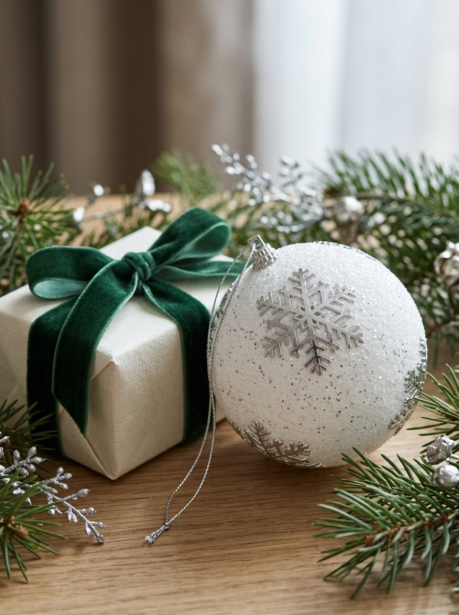 Silver Snowflake Dream – Gümüş Kar Tanesi Desenli Beyaz Yılbaşı Topu