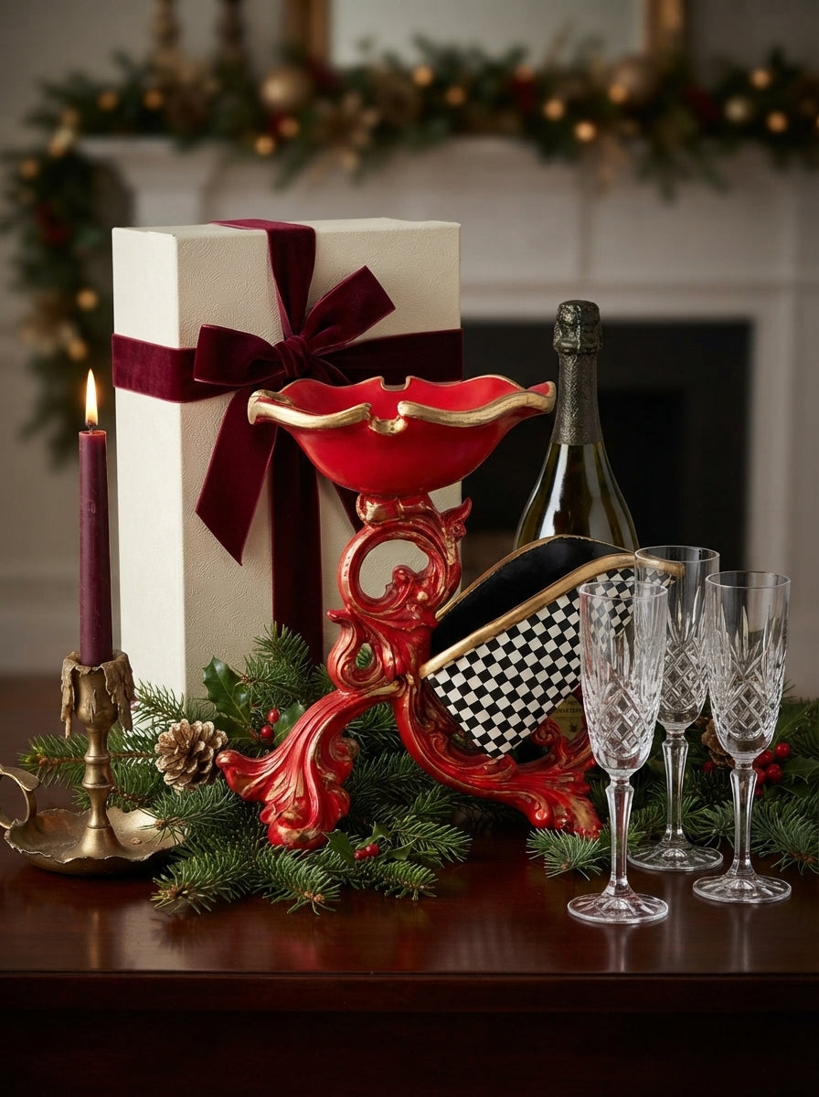 Royal Christmas Kırmızı & Gold Şaraplık ve 3 Kadehlik