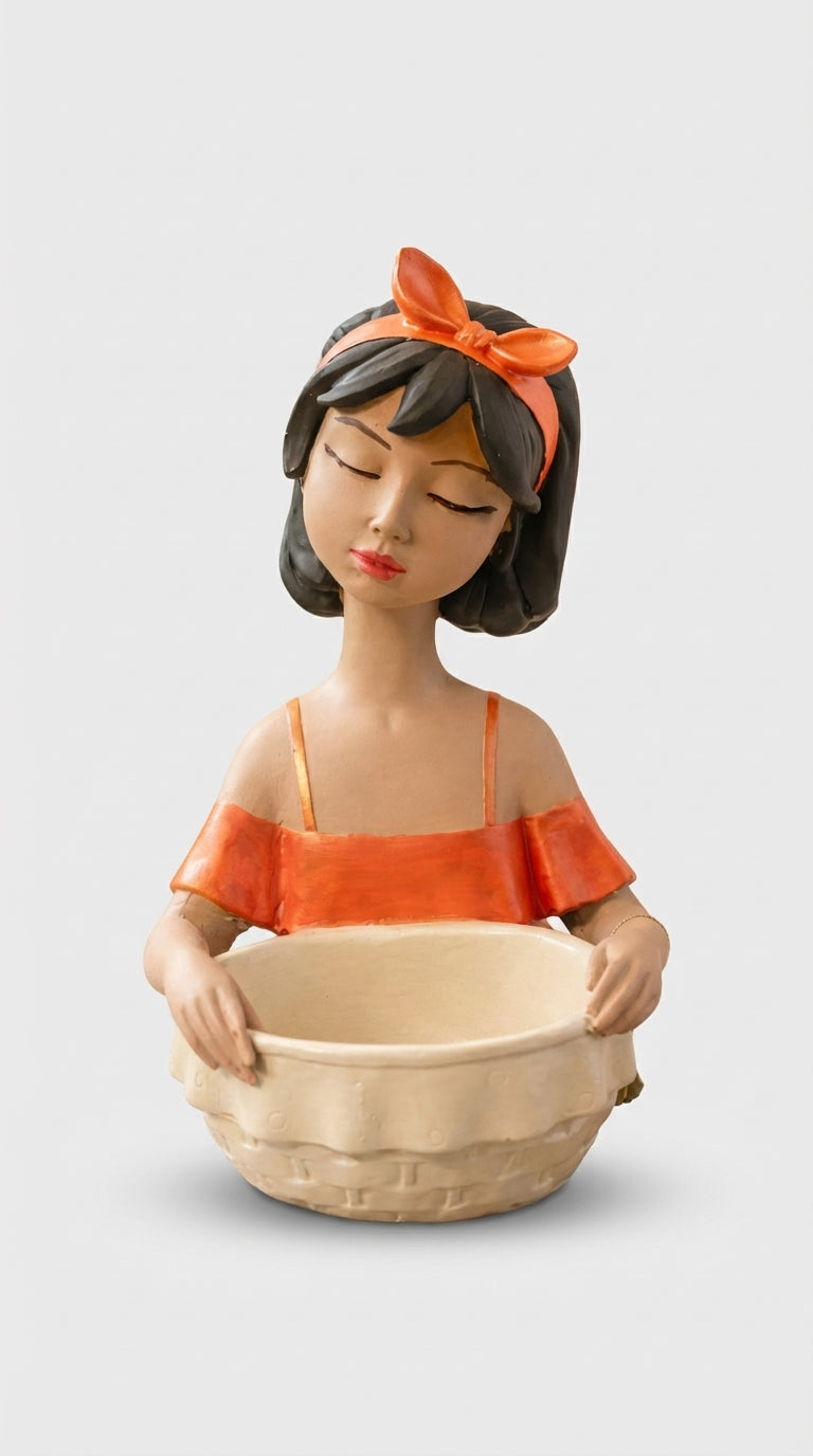 El Yapımı Seramik Kız Figürlü Kase – Soft Coral Bow