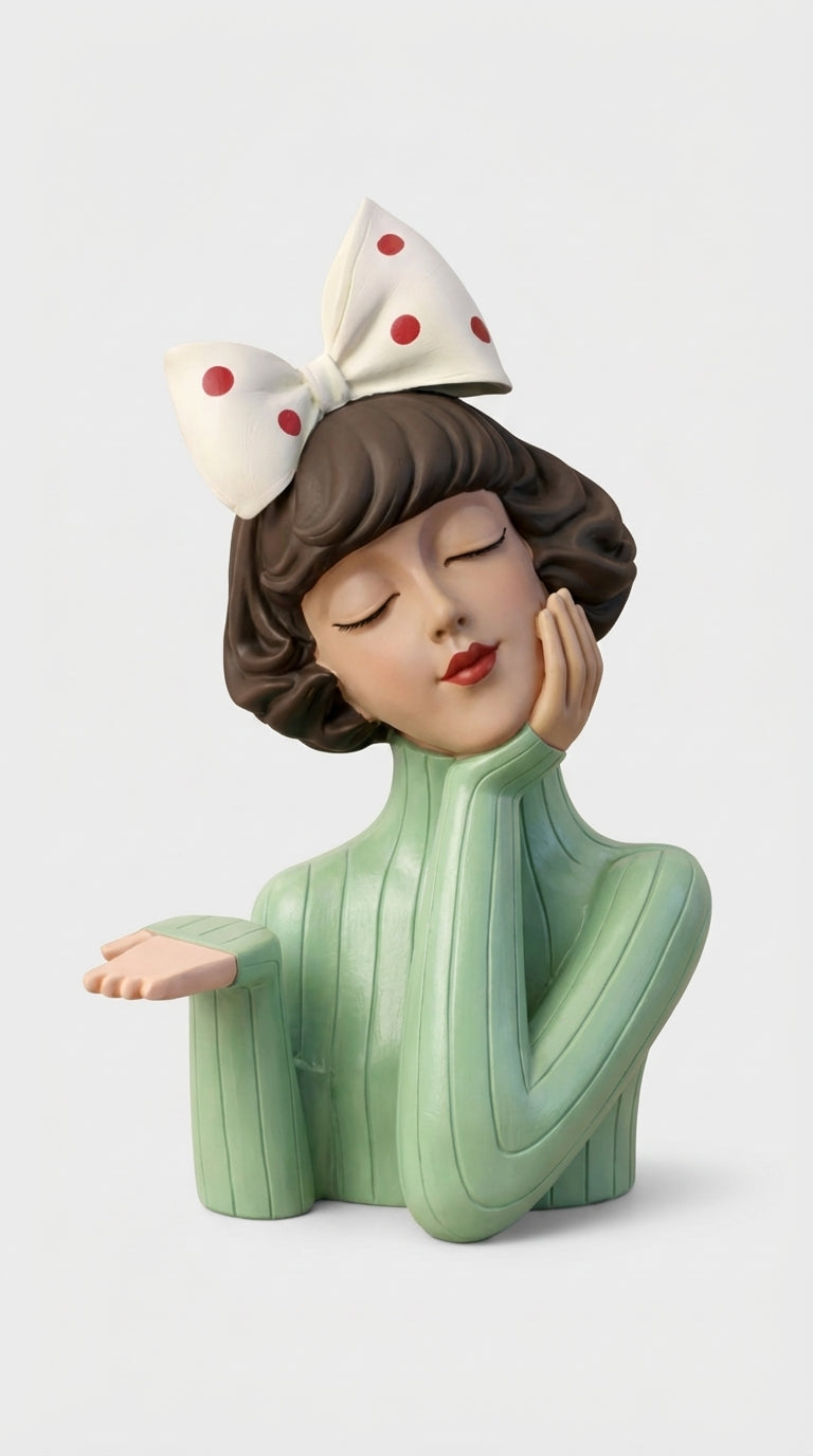 El Yapımı Seramik Kız Figürlü Kase – Sage Ivory Bow