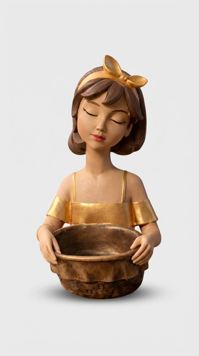 El Yapımı Seramik Kız Figürlü Kase – Golden Blush Bow