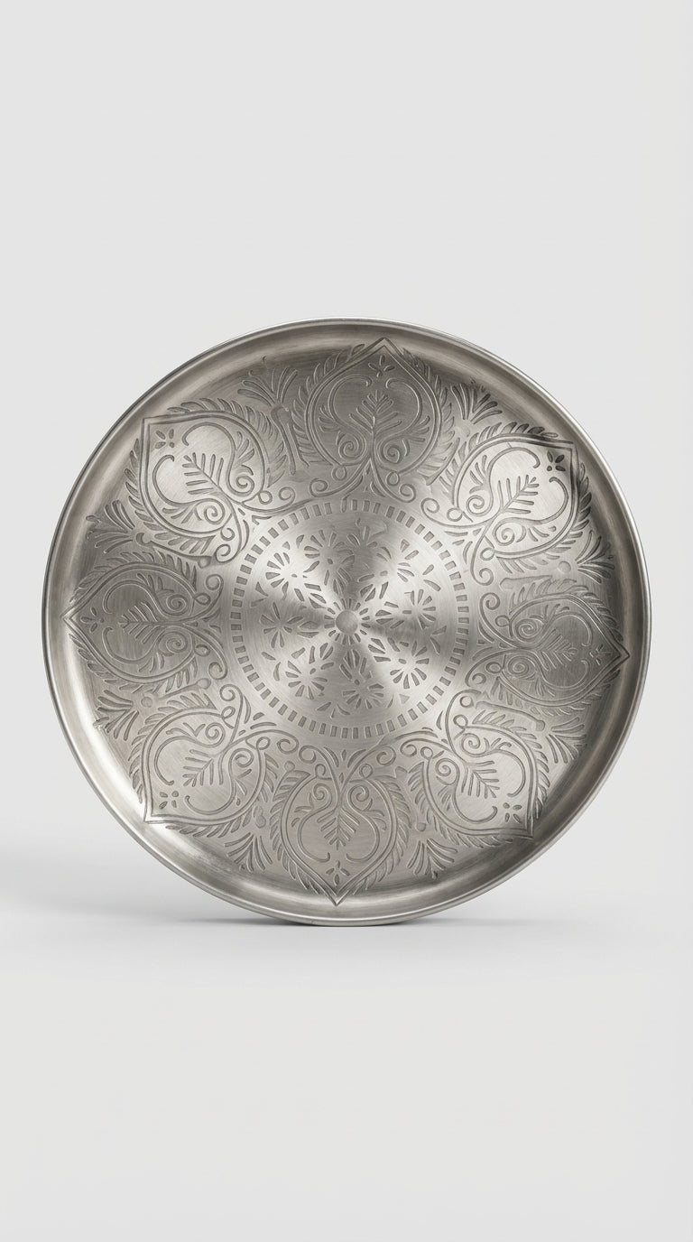 Vintage Desenli Gümüş Tonlu Tepsi