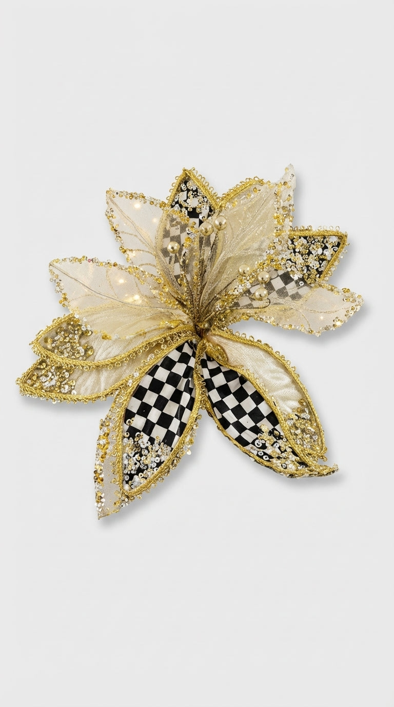 Altın & Dama Desenli Çiçek Ağaç Süsü