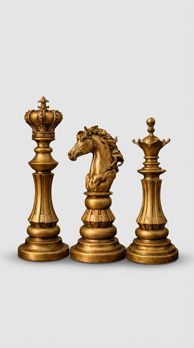El Yapımı Dekoratif Satranç Figürleri – 3'lü Set - Vezir, Fil, At (Koyu Ton