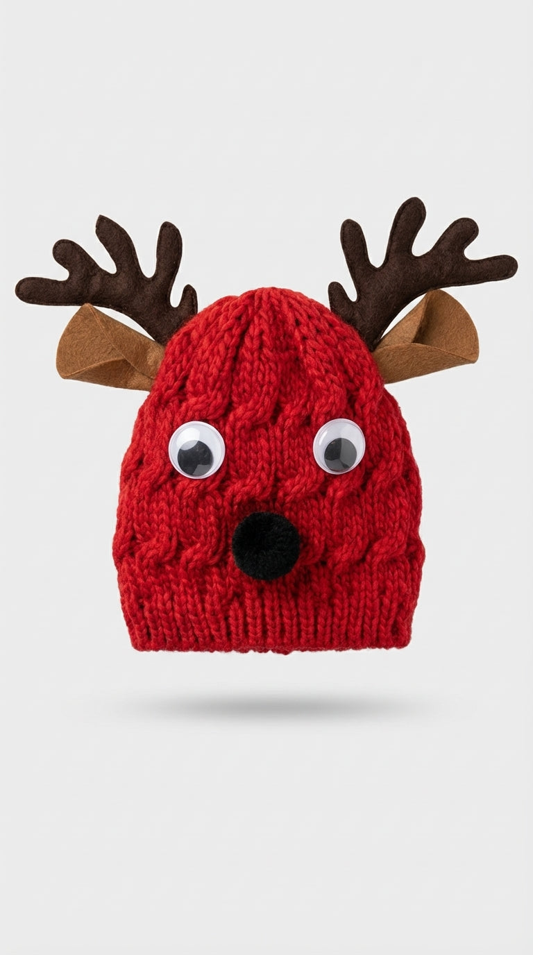 Kırmızı Örgü Geyik Şapka (Bere)