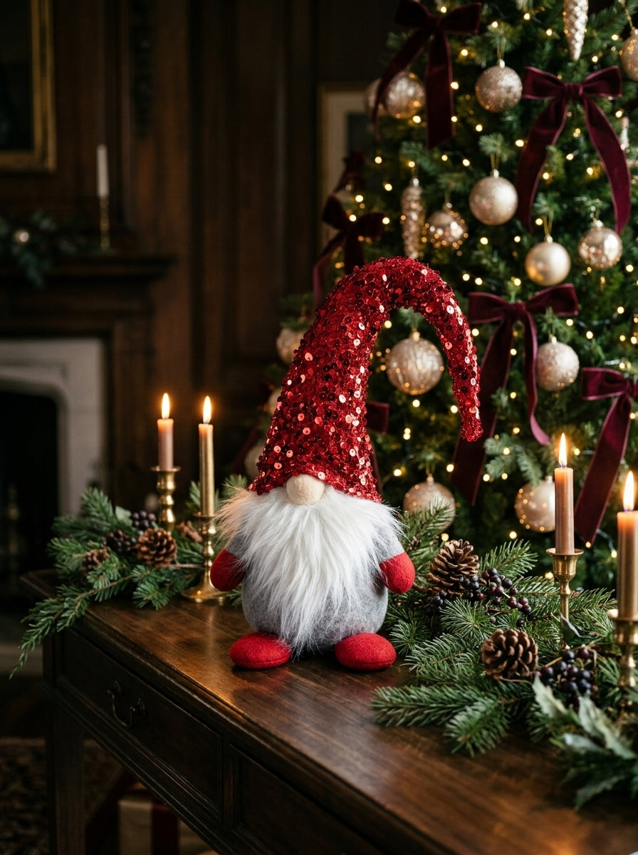 Christmas Gnome Kırmızı Payet Şapkalı Dekoratif Yılbaşı Figürü - 42 CM