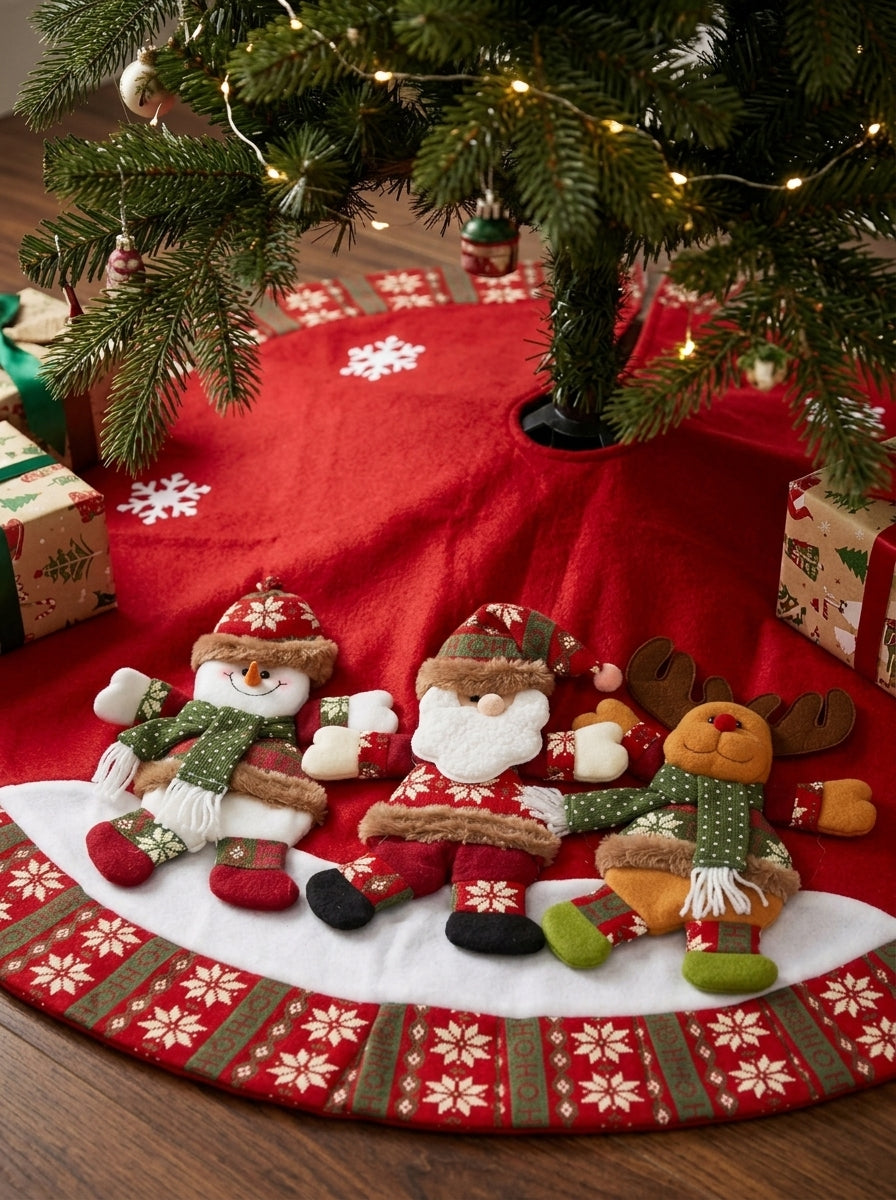Christmas Story Santa Claus, Snowman and Reindeer Patterned Red Christmas Tree Skirt – 120 CM