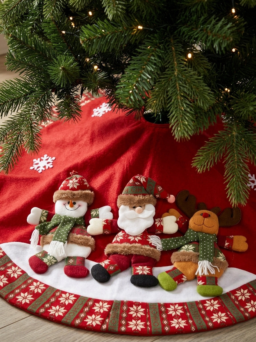 Christmas Story Santa Claus, Snowman and Reindeer Patterned Red Christmas Tree Skirt – 120 CM