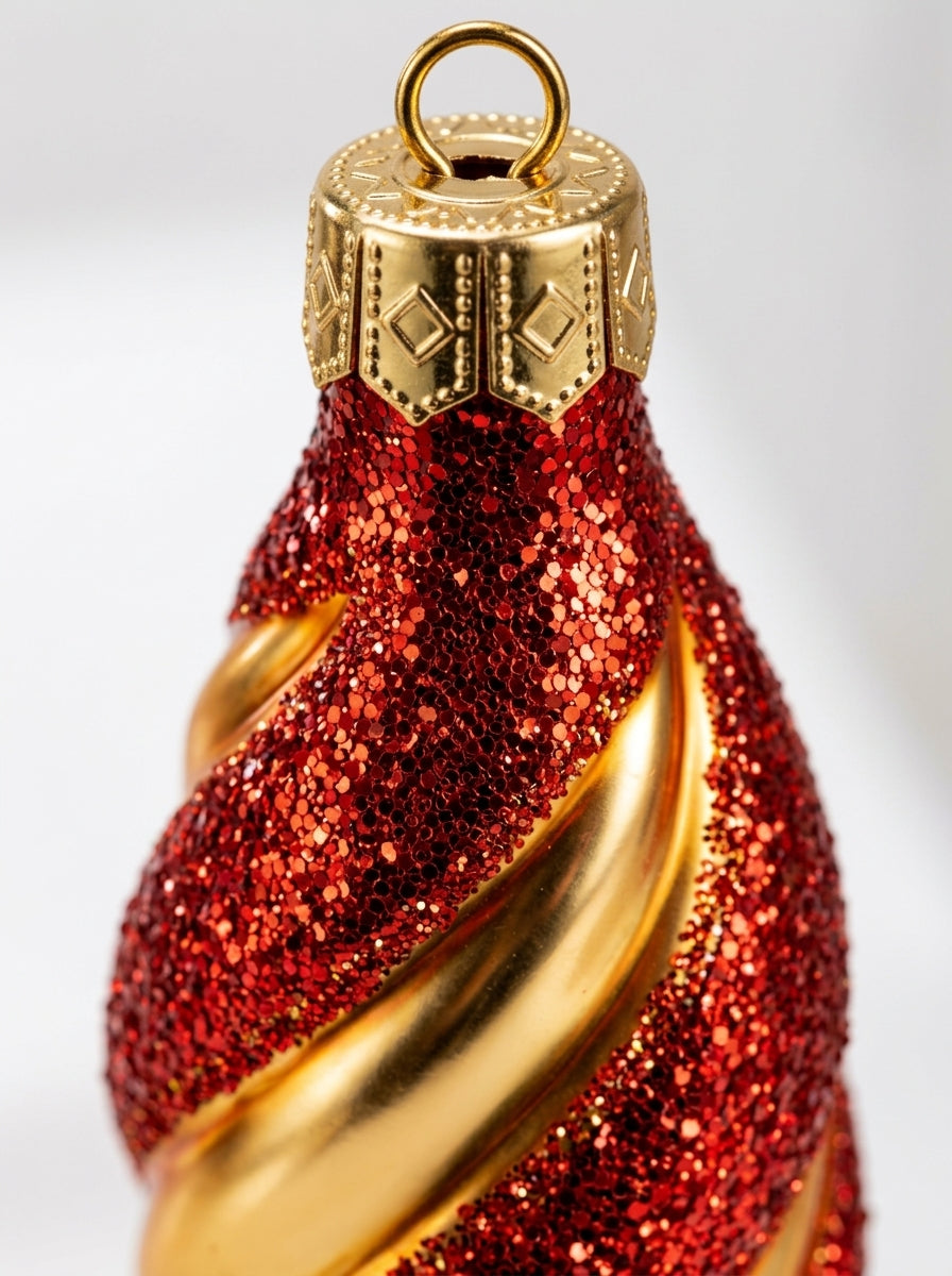 Ruby Golden Twist Kırmızı Glitter Altın Spiral Yılbaşı Ağaç Süsü – 8 CM