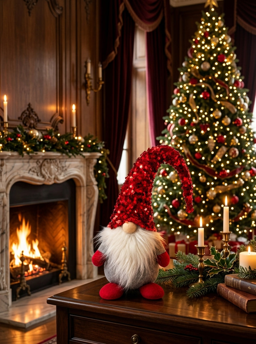 Christmas Gnome Kırmızı Payet Şapkalı Dekoratif Yılbaşı Figürü - 42 CM