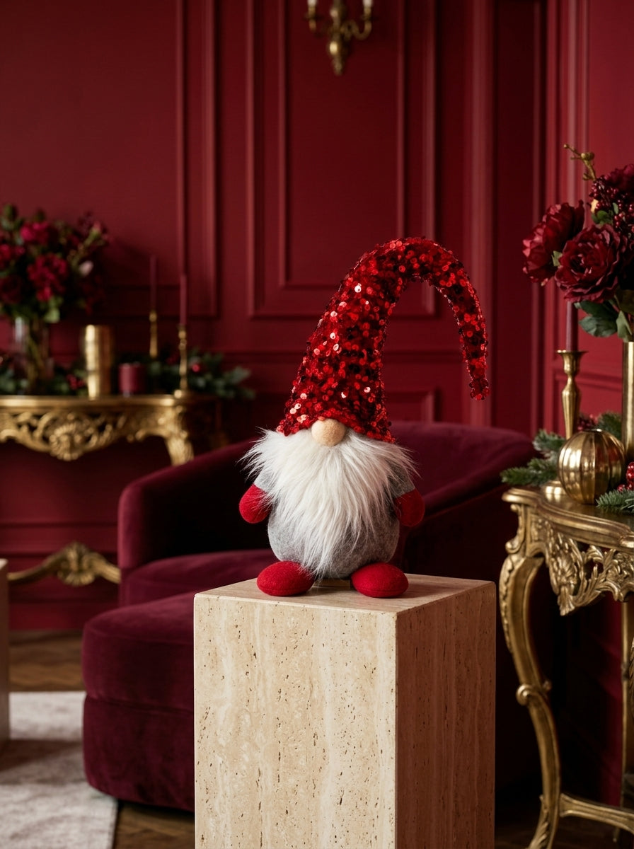 Christmas Gnome Kırmızı Payet Şapkalı Dekoratif Yılbaşı Figürü - 42 CM