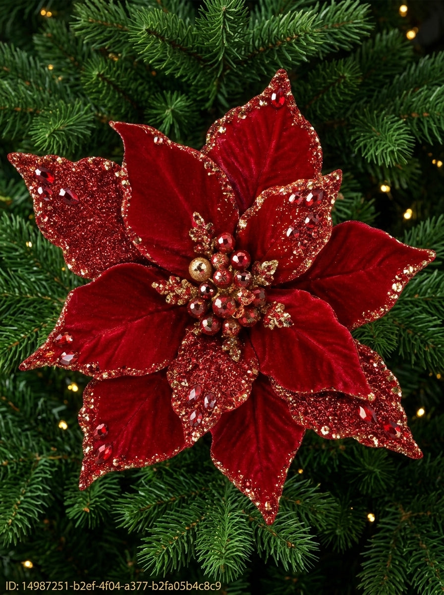Ruby Crystal Poinsettia Klipsli Yılbaşı Çiçeği