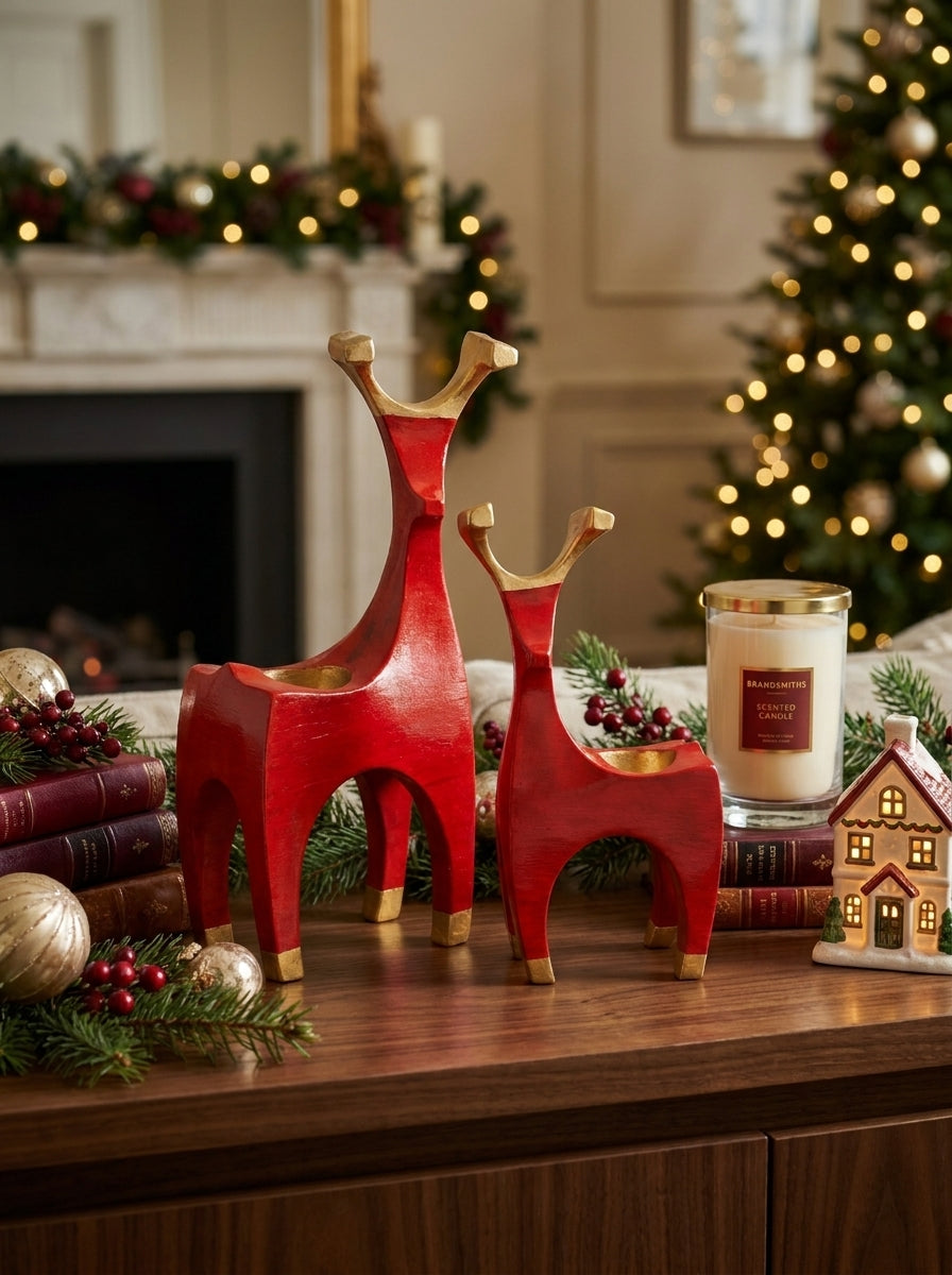 Golden Reindeer Duo – Kırmızı İkili Geyik Mumluk Seti
