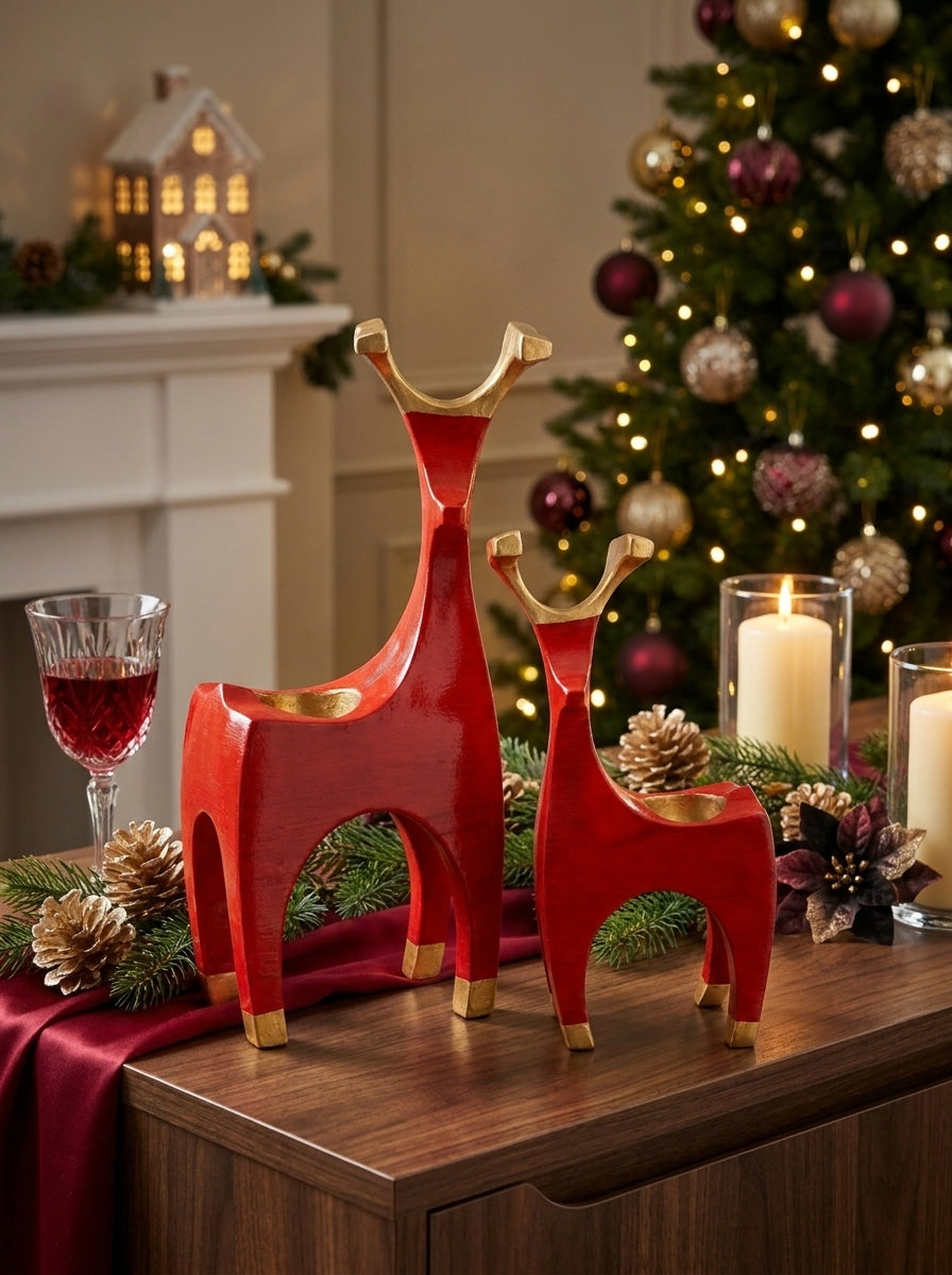 Golden Reindeer Duo – Kırmızı İkili Geyik Mumluk Seti