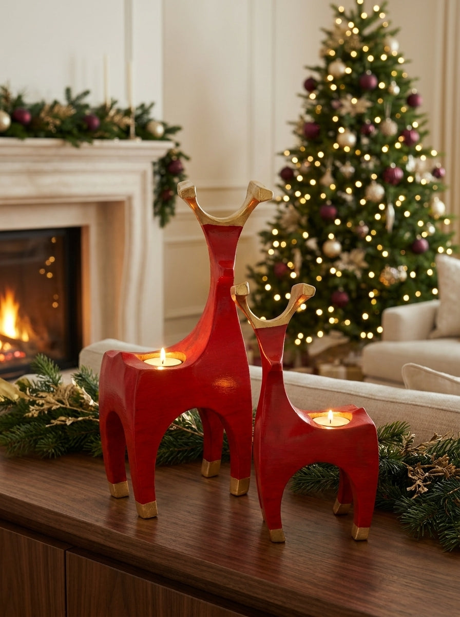 Golden Reindeer Duo – Kırmızı İkili Geyik Mumluk Seti
