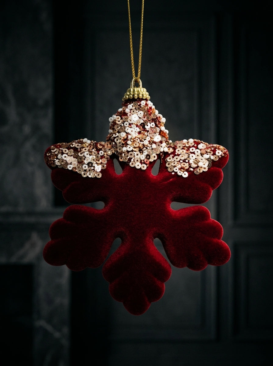 Ruby Snowflake Bordo Kadife Payetli Yılbaşı Kar Tanesi Ağaç Süsü - 12 CM