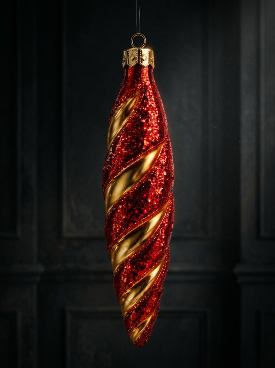 Ruby Golden Twist Kırmızı Glitter Altın Spiral Yılbaşı Ağaç Süsü – 8 CM