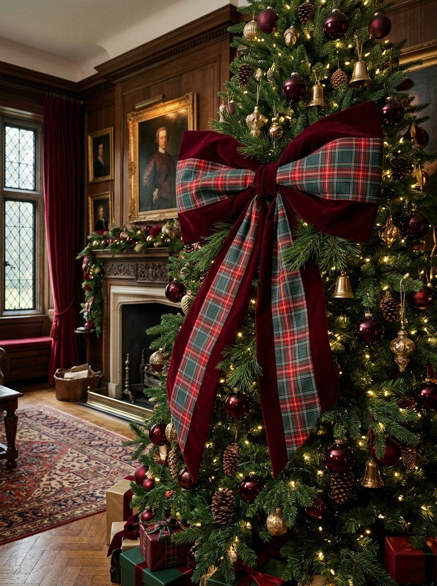 Heritage Christmas – Ekose Detaylı Bordo Kadife Büyük Boy Yılbaşı Fiyongu - 65 CM x 95 CM