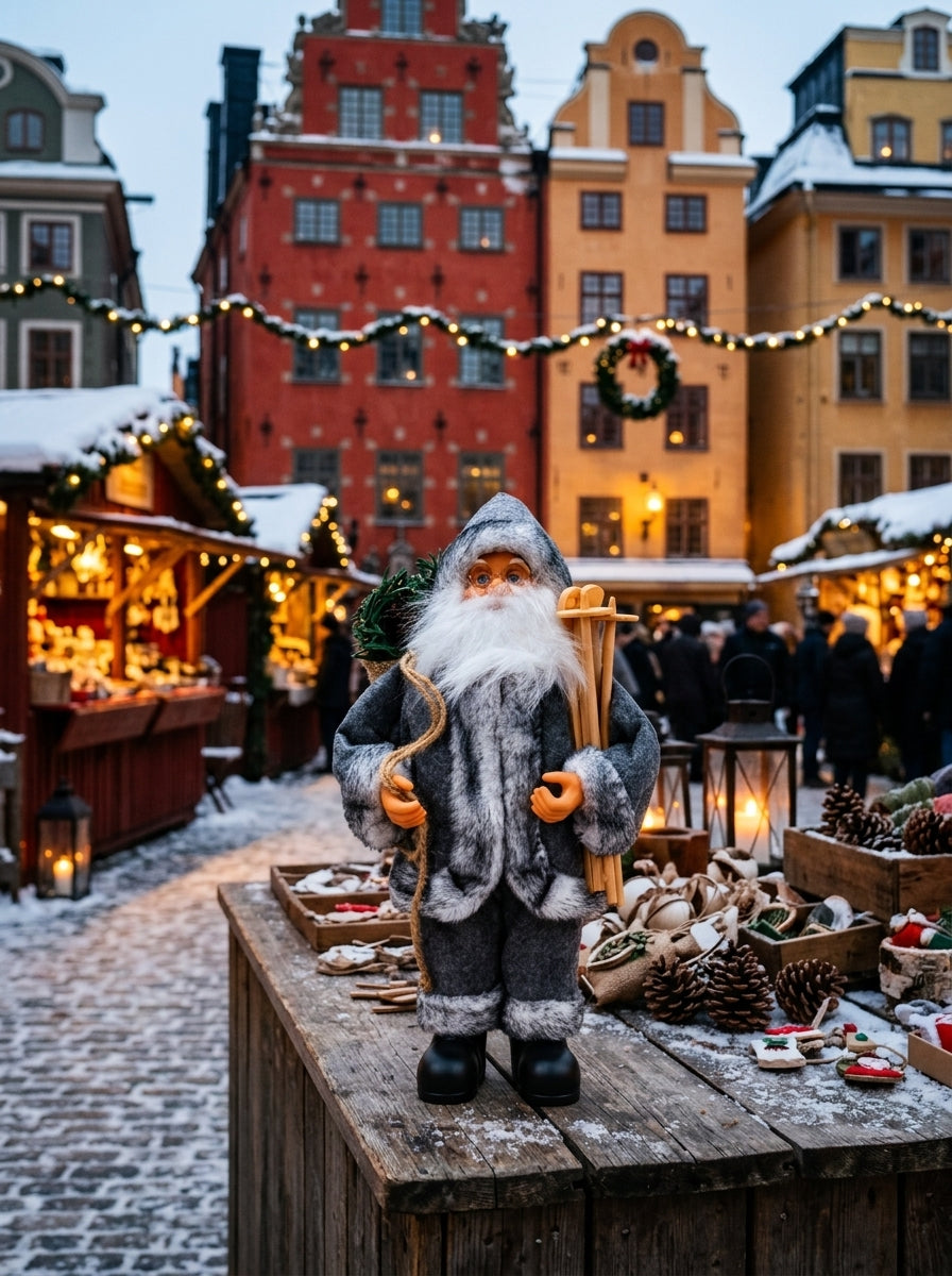 Kuzeyin Büyüsü – Gri Kürklü Kızaklı Noel Baba Dekoratif Figür 32 CM