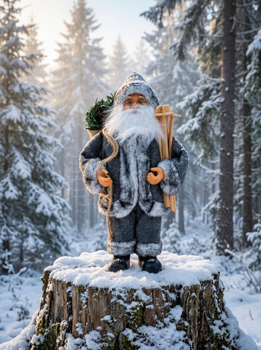 Kuzeyin Büyüsü – Gri Kürklü Kızaklı Noel Baba Dekoratif Figür 32 CM