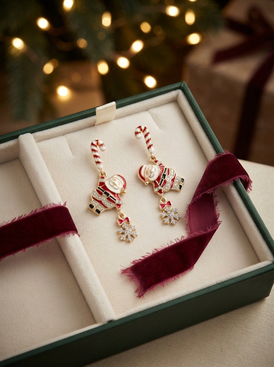 Santa Candy Cane Gold Christmas Küpe