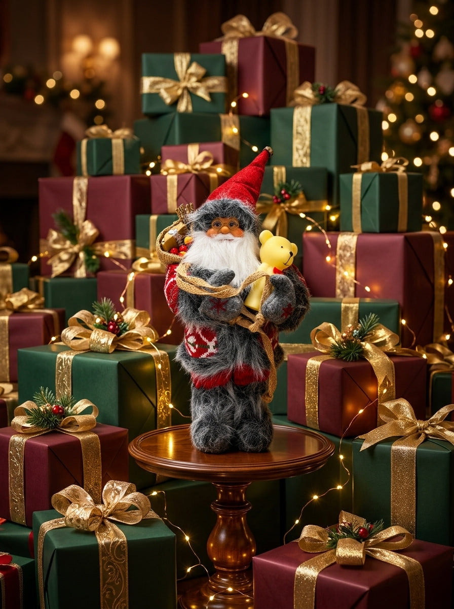 Mutluluk Dağıtıcısı – Ayıcıklı Nostaljik Noel Baba Dekoratif Figür - 32 CM