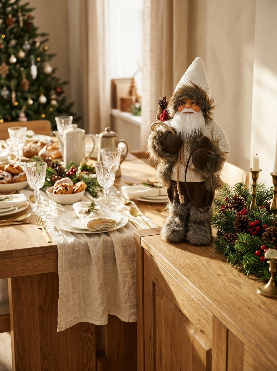 Kış Rüyası – Beyaz Örgülü Nostaljik Noel Baba Dekoratif Figür - 32 CM