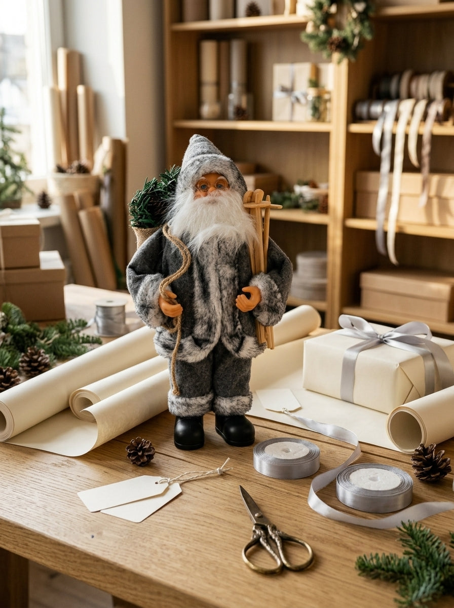 Kuzeyin Büyüsü – Gri Kürklü Kızaklı Noel Baba Dekoratif Figür 32 CM