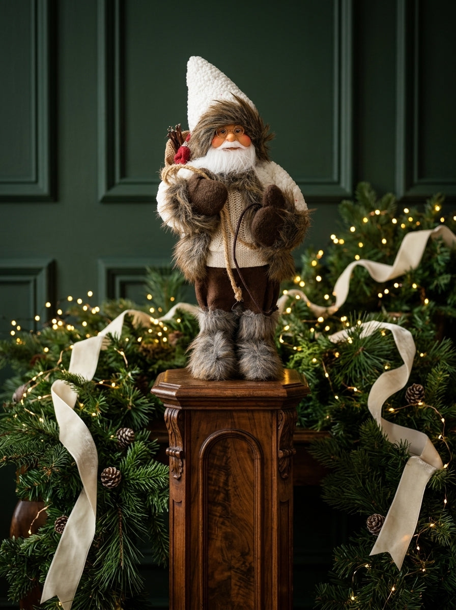Kış Rüyası – Beyaz Örgülü Nostaljik Noel Baba Dekoratif Figür - 32 CM