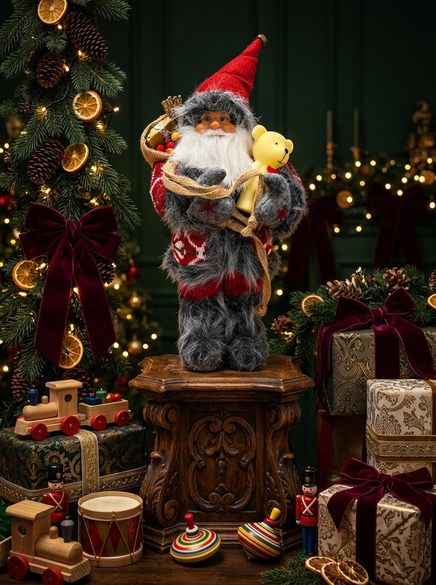 Mutluluk Dağıtıcısı – Ayıcıklı Nostaljik Noel Baba Dekoratif Figür - 32 CM