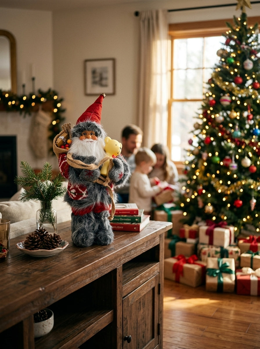 Mutluluk Dağıtıcısı – Ayıcıklı Nostaljik Noel Baba Dekoratif Figür - 32 CM