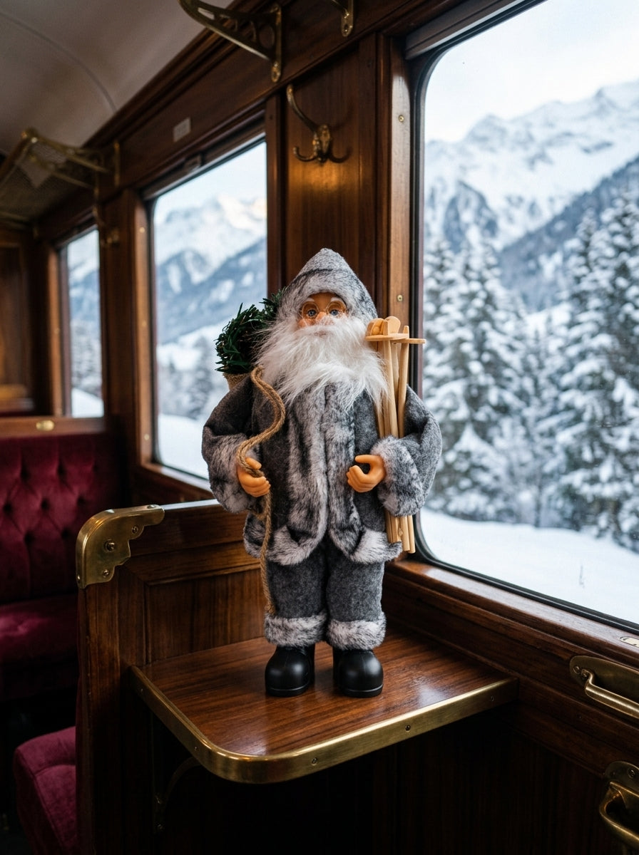 Kuzeyin Büyüsü – Gri Kürklü Kızaklı Noel Baba Dekoratif Figür 32 CM
