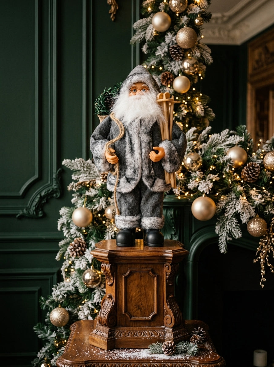 Kuzeyin Büyüsü – Gri Kürklü Kızaklı Noel Baba Dekoratif Figür 32 CM