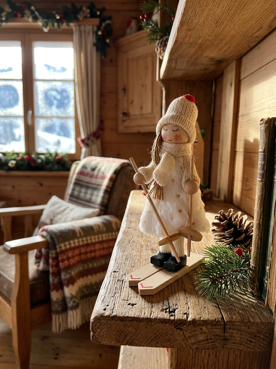 Alpine Snow Fairy – Kayak Yapan Kız Dekoratif Yılbaşı Figürü - 17 CM