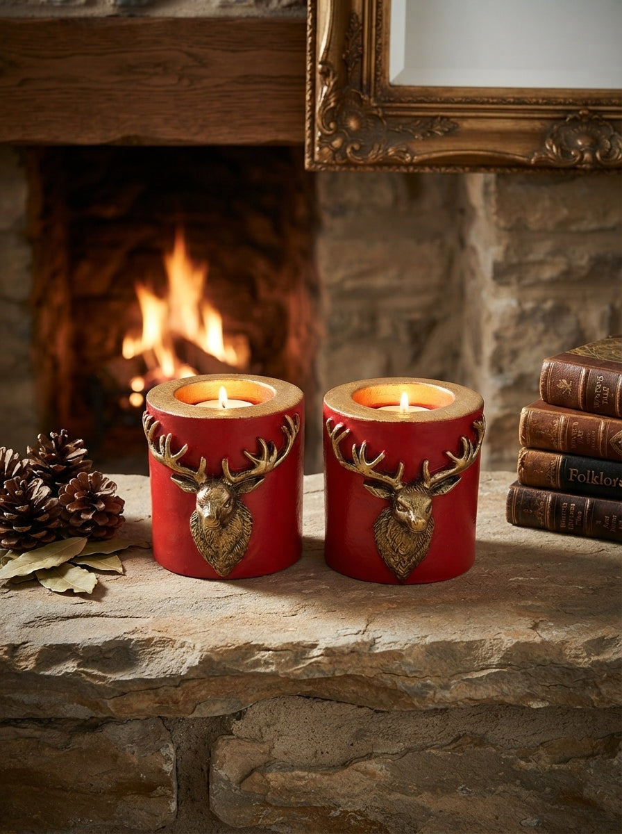 Gold Geyik Detaylı Kırmızı Tealight Mumluk 2’li Set