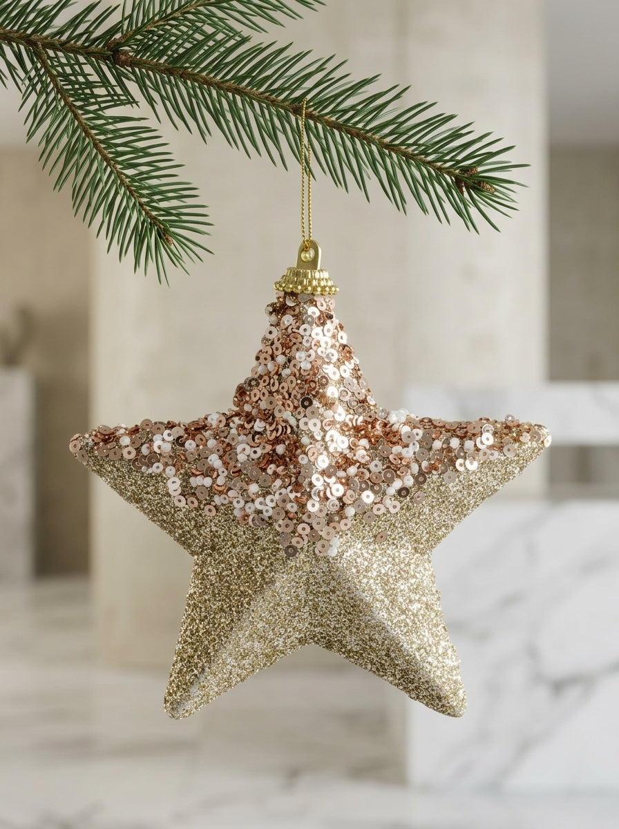Champagne Glitter Payetli Yıldız Yılbaşı Süsü