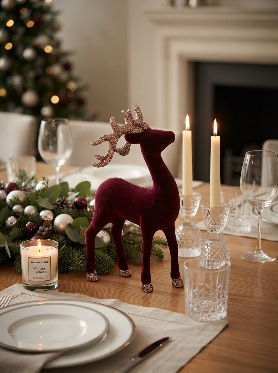Burgundy Velvet Reindeer Dekoratif Yılbaşı Geyiği