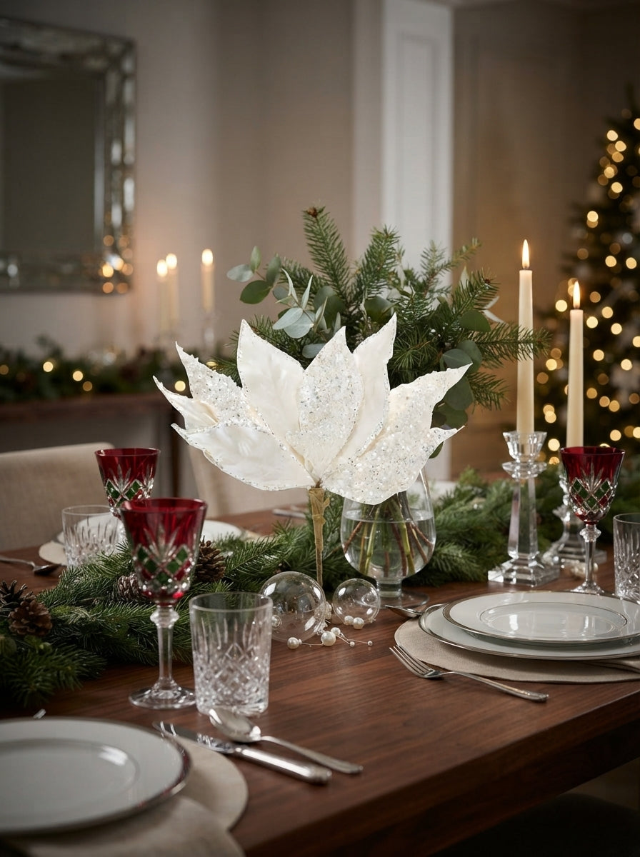 White Frost Poinsettia Klipsli Yılbaşı Ağacı Süsü