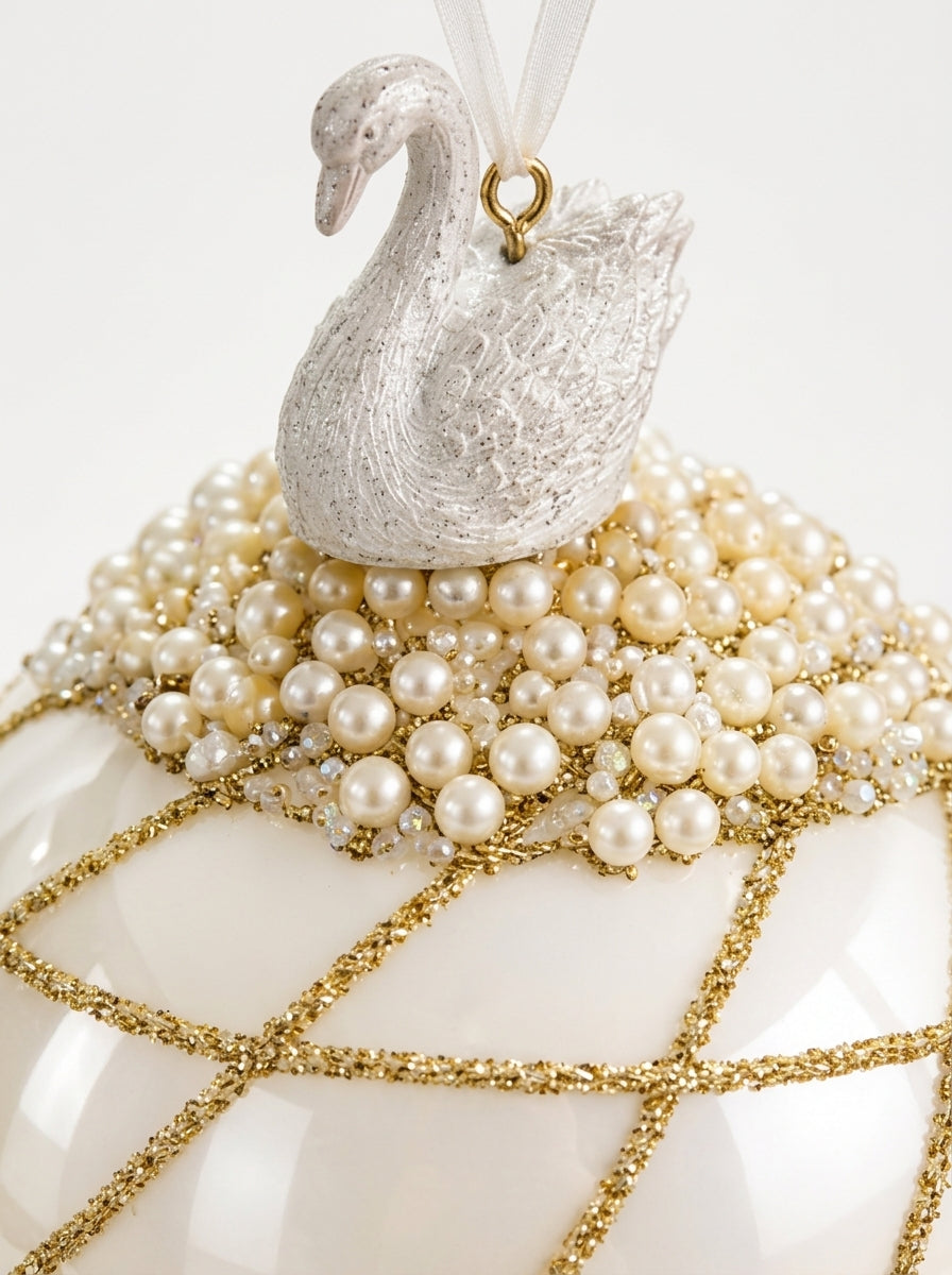 Swan Royale İnci Beyazı Kuğulu Cam Yılbaşı Ağaç Süsü – 10 CM