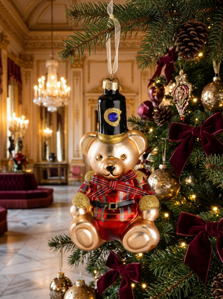 Royal Teddy Guard – Gold İşlemeli Cam Ayıcık Yılbaşı Ağacı Süsü - 14 CM