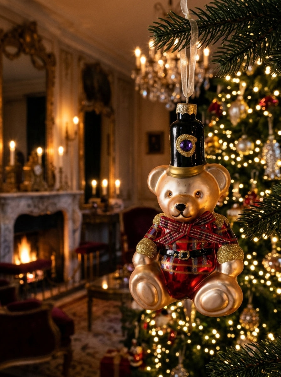 Royal Teddy Guard – Gold İşlemeli Cam Ayıcık Yılbaşı Ağacı Süsü - 14 CM