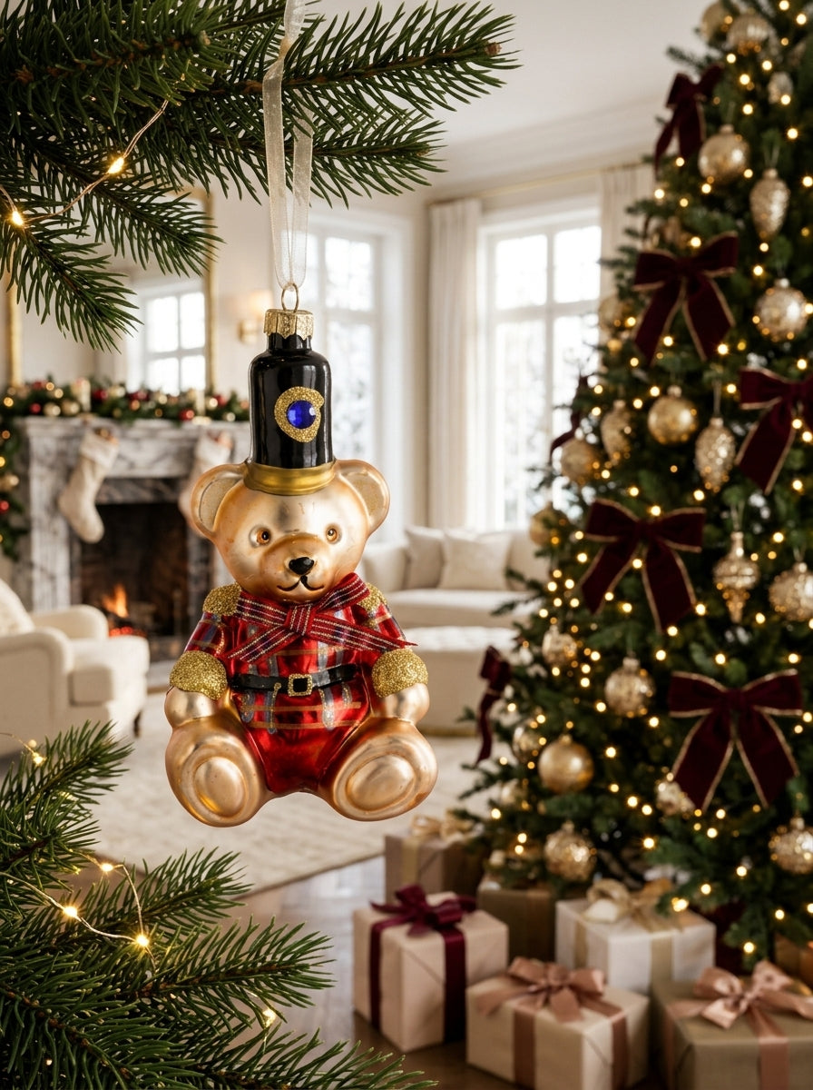 Royal Teddy Guard – Gold İşlemeli Cam Ayıcık Yılbaşı Ağacı Süsü - 14 CM
