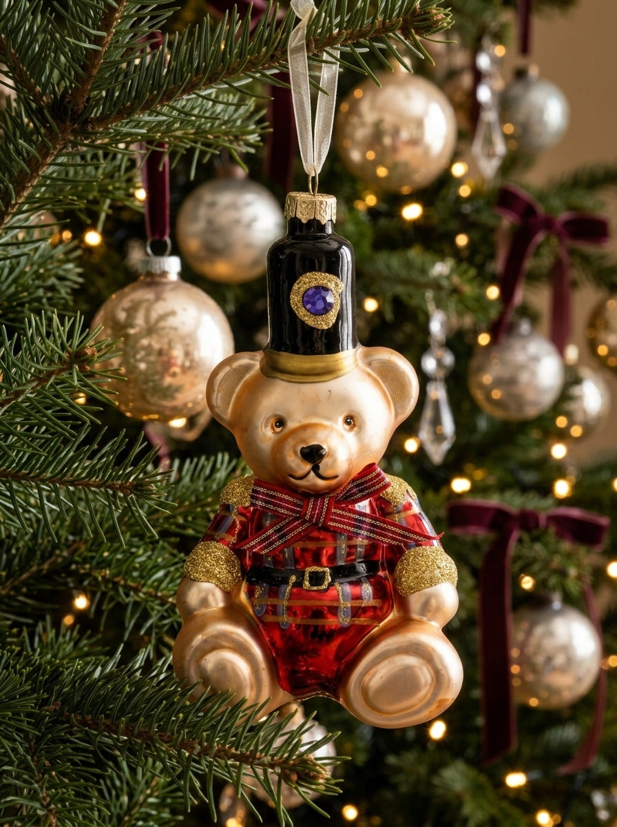 Royal Teddy Guard – Gold İşlemeli Cam Ayıcık Yılbaşı Ağacı Süsü - 14 CM