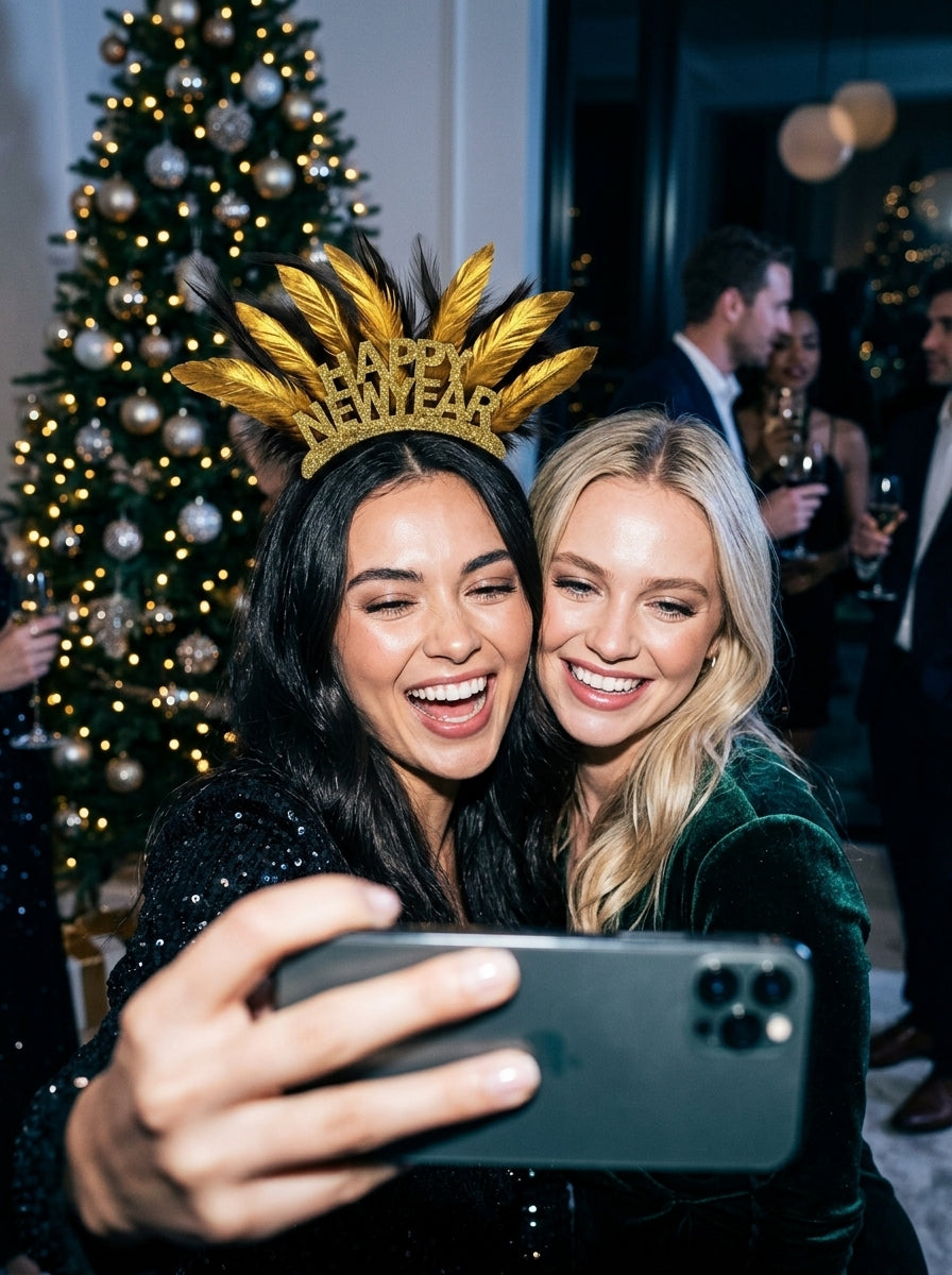 Golden Happy New Year Tüylü Yılbaşı Tacı