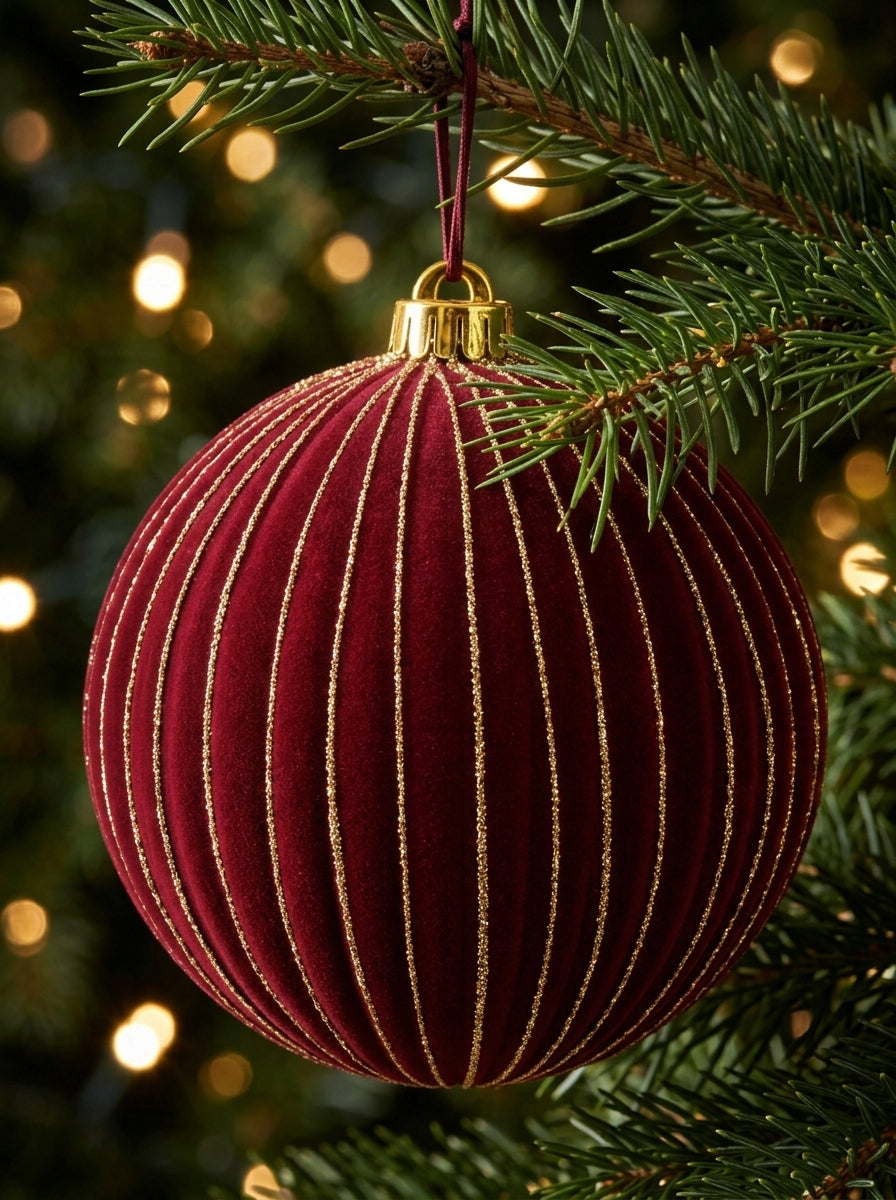 Burgundy Velvet – Altın Işıltılı Bordo Kadife Yılbaşı Ağacı Topu 15 CM Çapında
