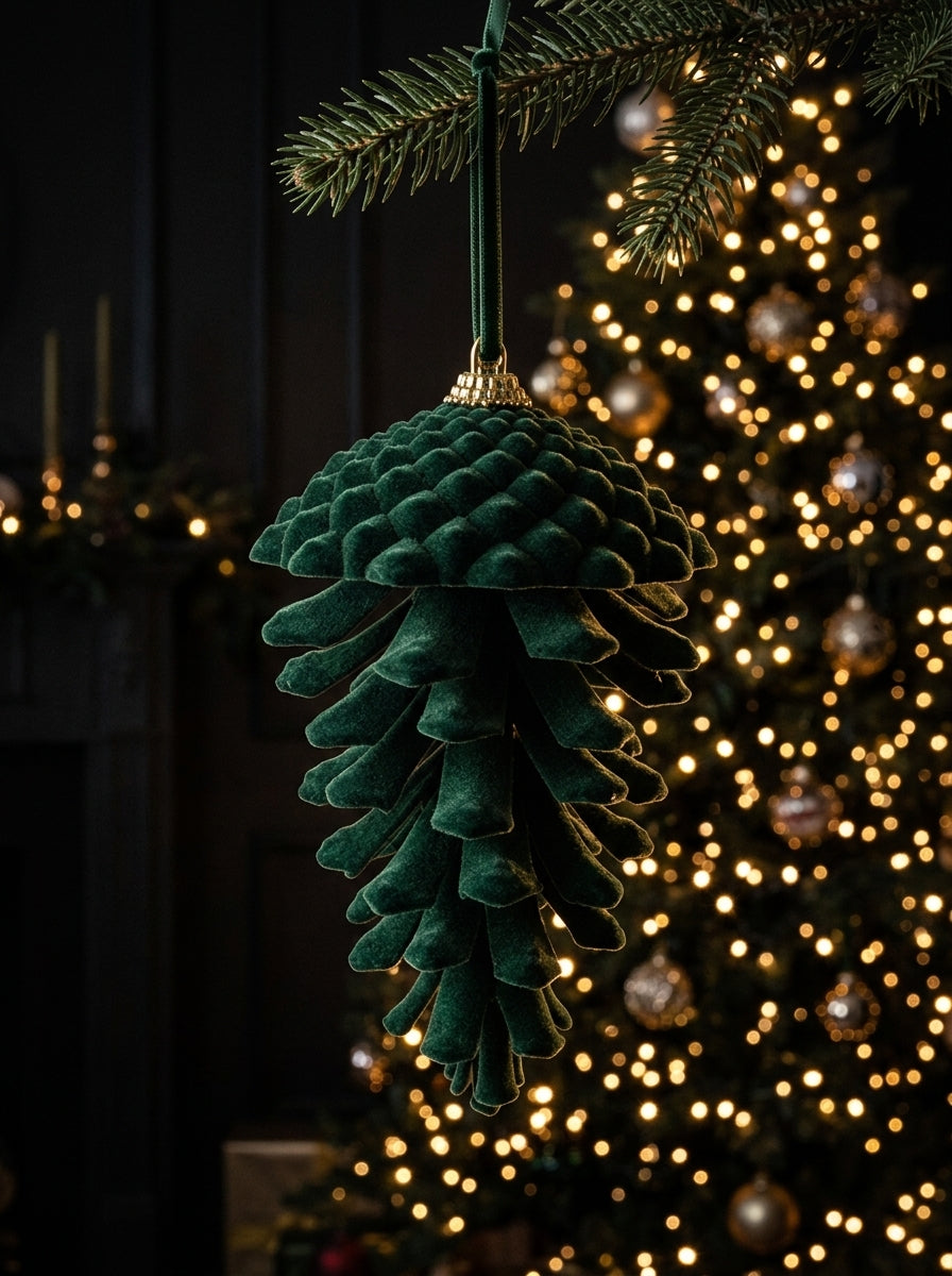 Emerald Forest – Yeşil Kadife Kozalak Yılbaşı Ağacı Süsü - 15 CM
