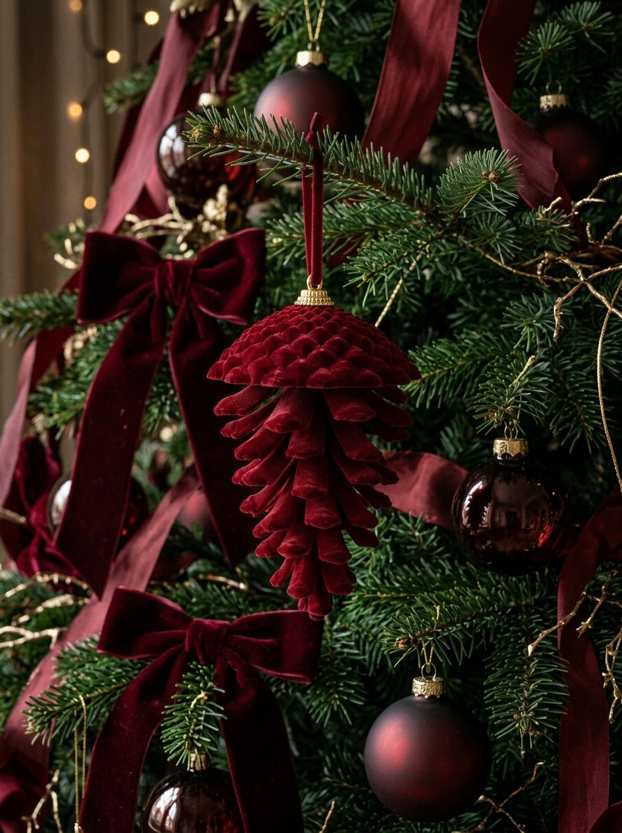 Burgundy Forest – Bordo Kadife Kozalak Yılbaşı Ağacı Süsü - 15 CM